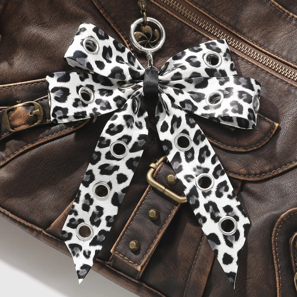 Y2K Punk Bow Bag Charm Keychain – Leopard & Cow Print