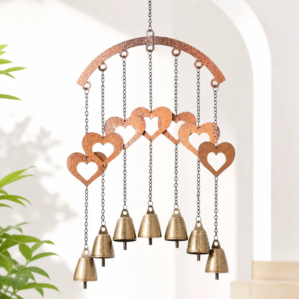 Rustic Heart Wind Chime with Brass Bells | Metal Garden Decor