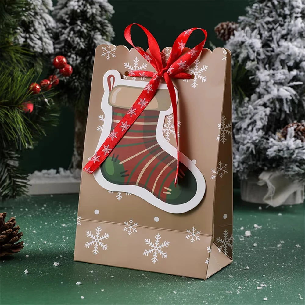 Cartoon Christmas Paper Gift Bag | Snowflake Ribbon Bow Handle