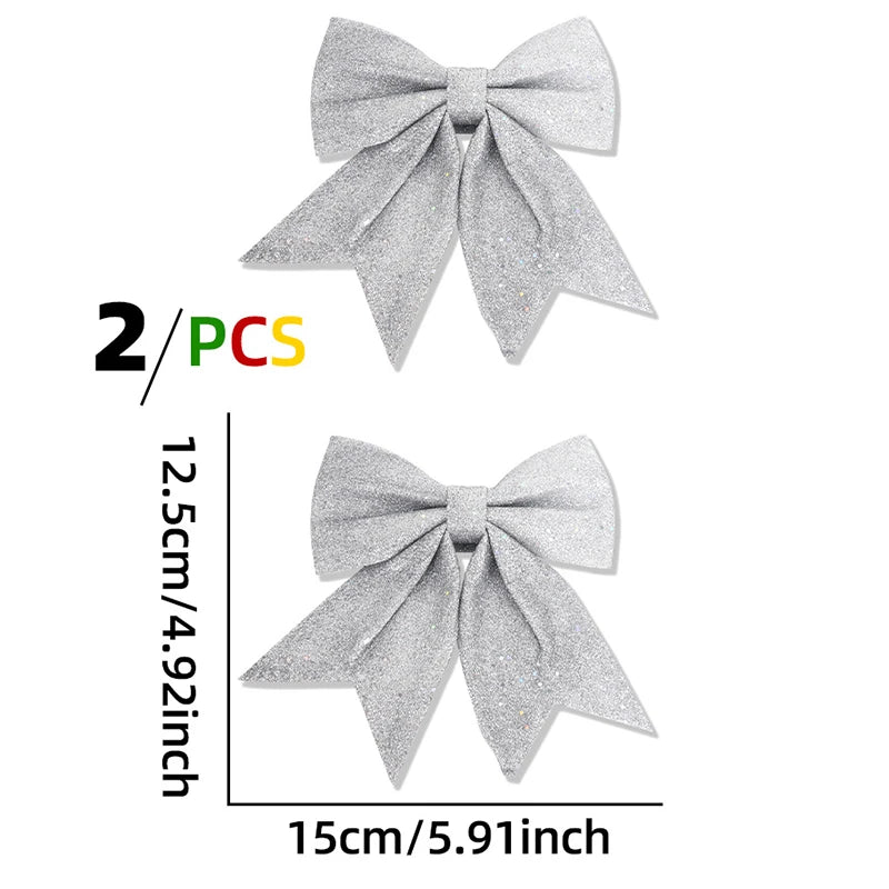 Christmas Pearl Cotton Bow Decorations 2-Pack | Glitter Bows