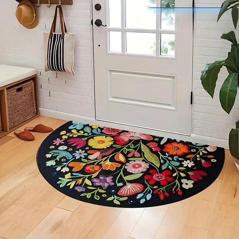 Semi-Circular Floral Flannel Door Mat – Non-Slip Indoor Rug