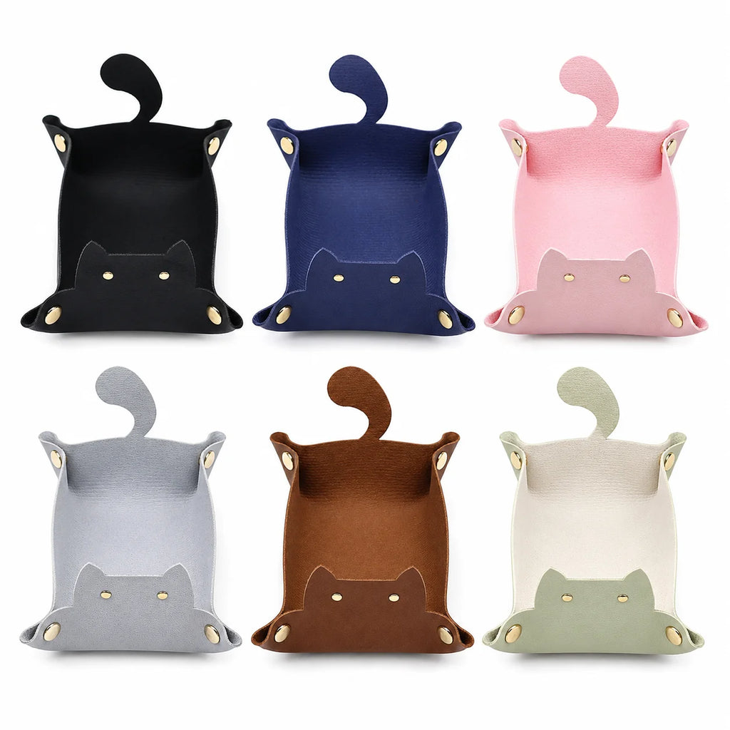 Cute Cat Shaped PU Leather Valet Tray | Foldable Desk Organizer