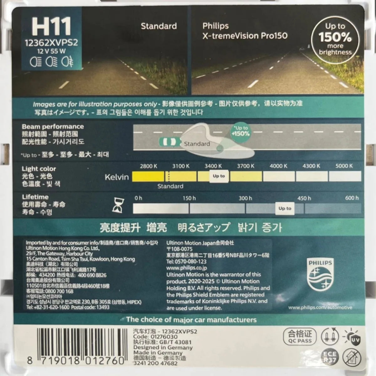 Philips X-treme Vision Pro150 H11 55W +150% Halogen Bulbs 2pk