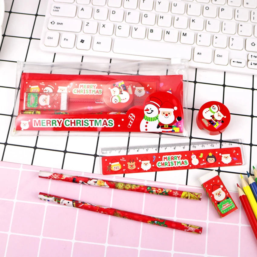 6-Piece Christmas Stationery Set – Pencil, Ruler, Eraser & Bag