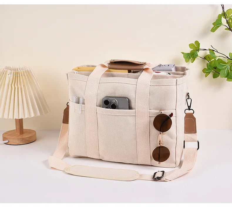 Large Canvas Tote Organizer Bag – Multi-Pocket & Shoulder Strap