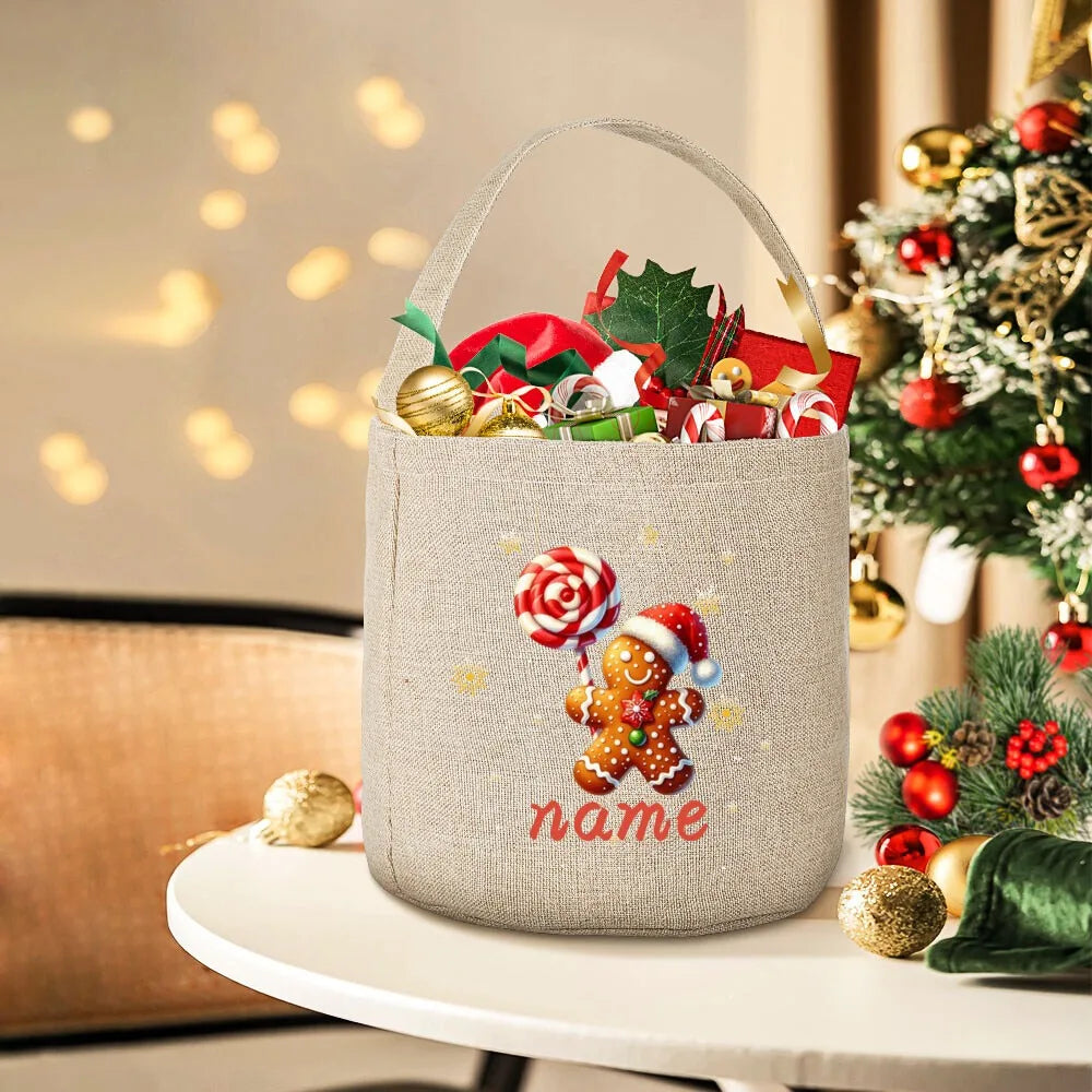 Personalized Christmas Gingerbread Man Linen Gift Bag