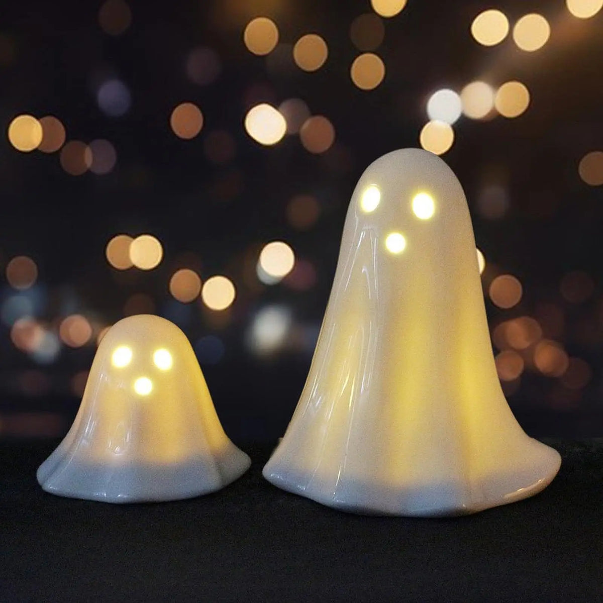 Halloween Ceramic Ghost Statues with LED Light | 2-Pack