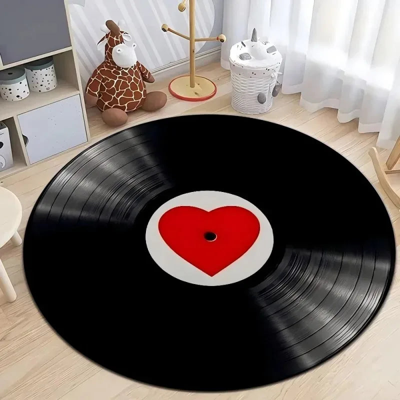 Vinyl Record Round Area Rug – Music Game Room Carpet Mat