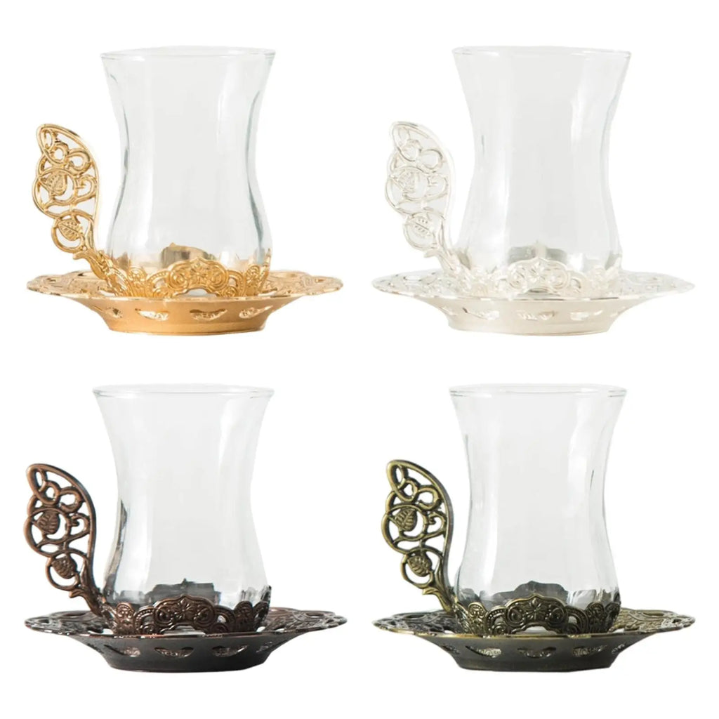 Flower Glass Tea Cup Set with Golden Saucer & Spoon