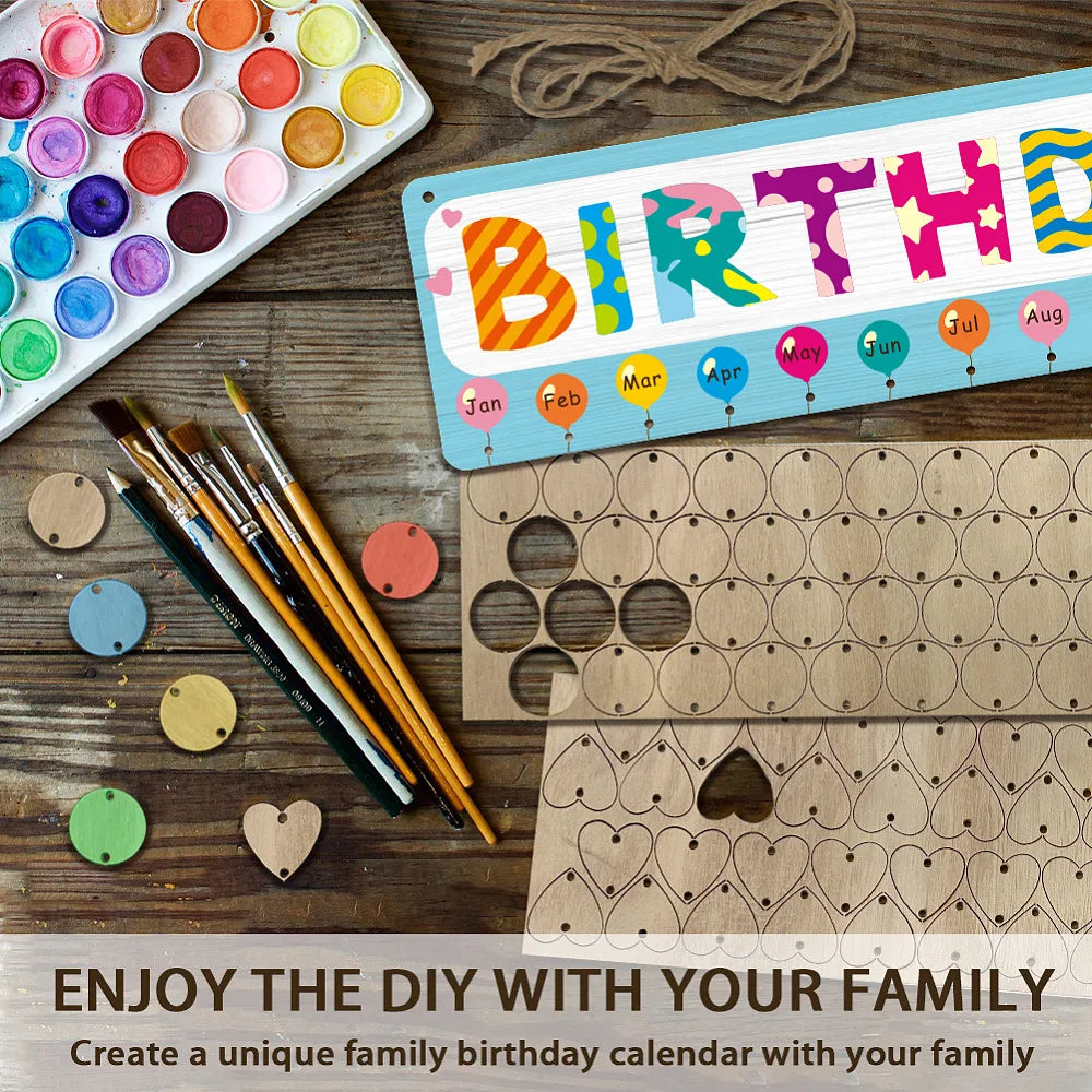 Wood Birthday Reminder Calendar Wall Hanging Board & Hemp Rope