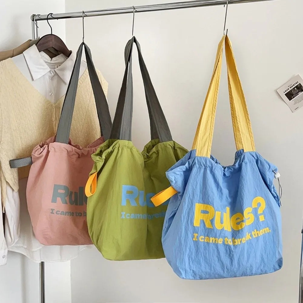 Women's Letter Drawstring Shoulder Bag – Large Capacity Nylon