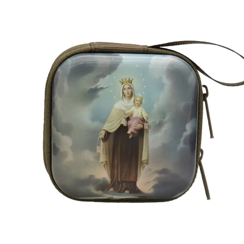 Virgin Mary Rosary Storage Box – Zippered Metal Christian Gift