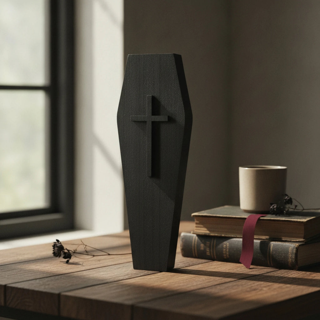 Gothic Casket Plaque with Cross | Slim Wood Wall Sculpture