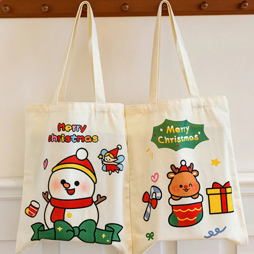 Canvas Christmas Santa Claus Tote Bag | Holiday Gift Bag