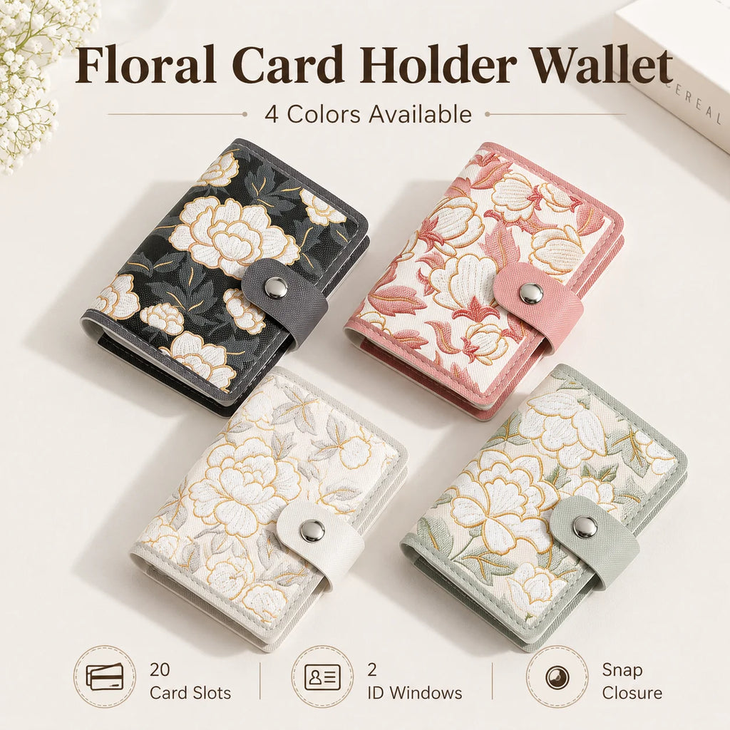 Floral Card Holder Wallet Women – 20 Slots & 2 ID Windows