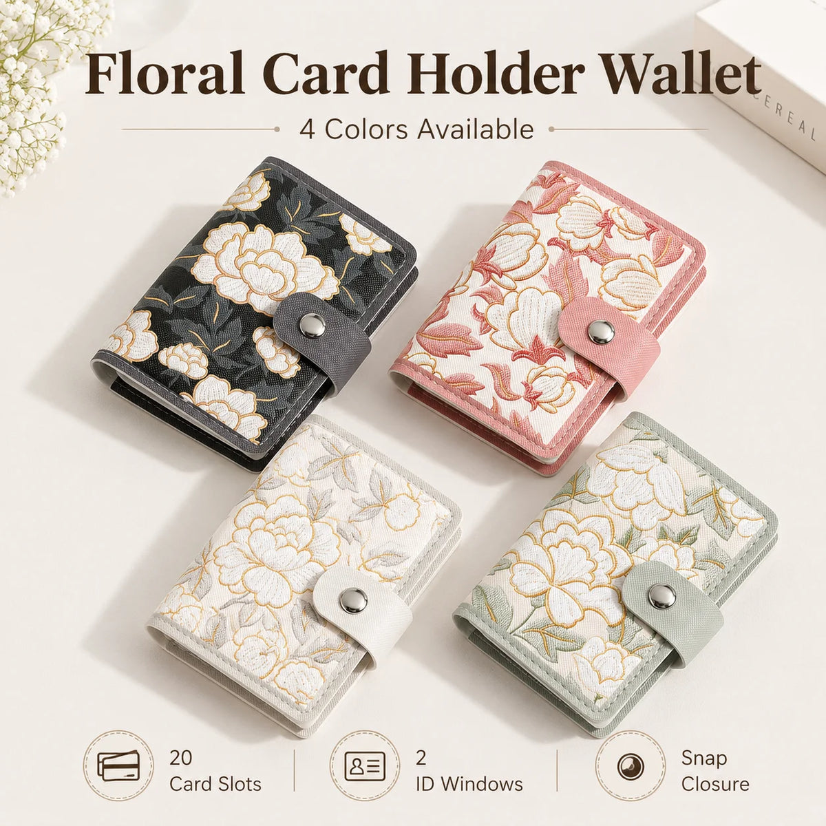 Floral Card Holder Wallet Women – 20 Slots & 2 ID Windows