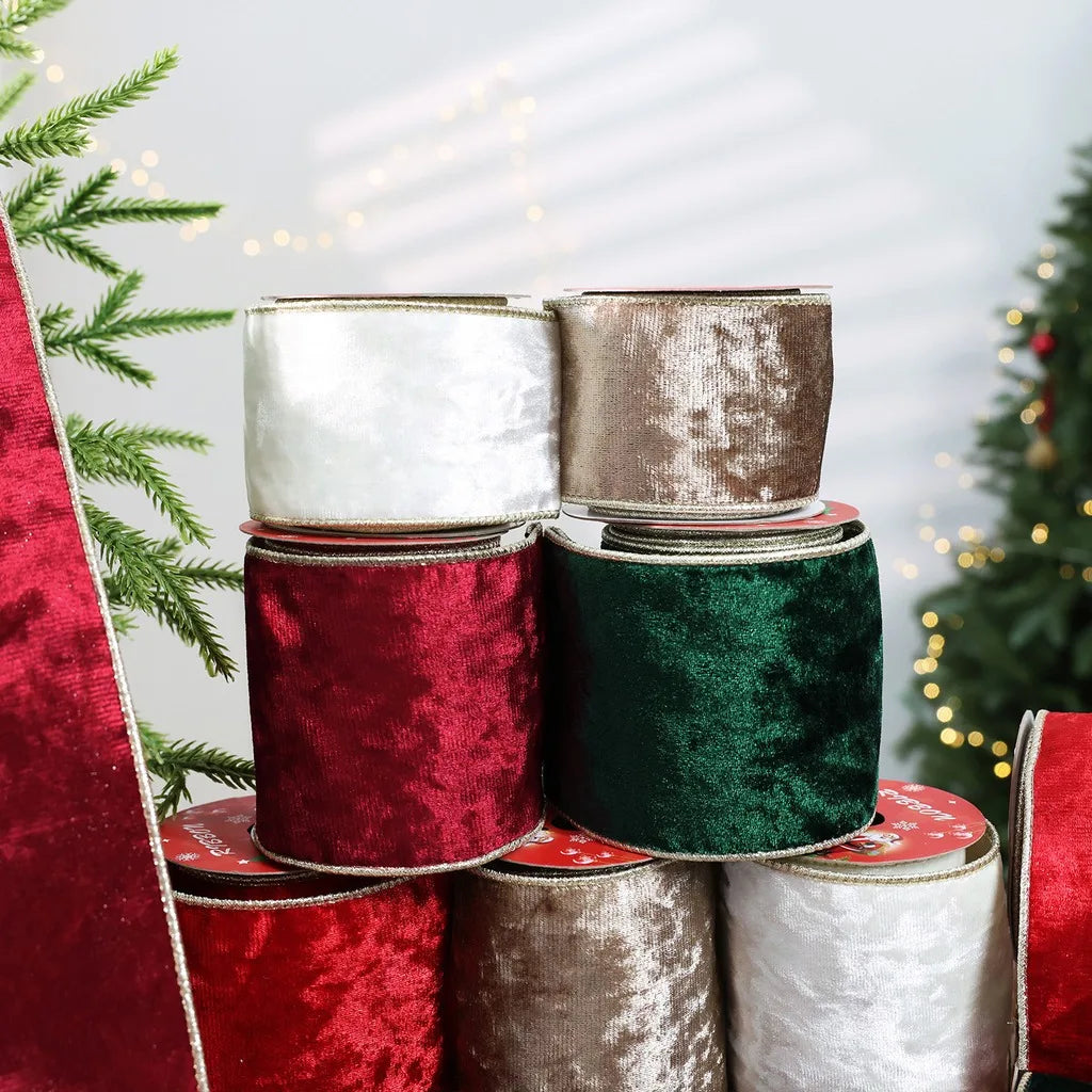 Gold Trim Wired Velvet Ribbon for Christmas Wreaths & Gifts