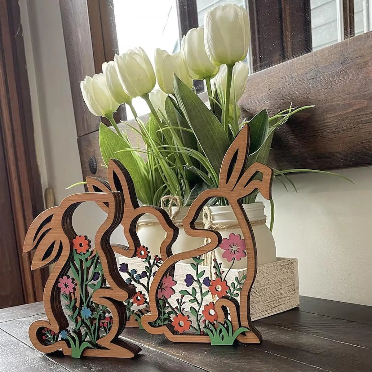 Wooden Easter Bunny Tabletop Signs – Set of 3 Decor Plaques