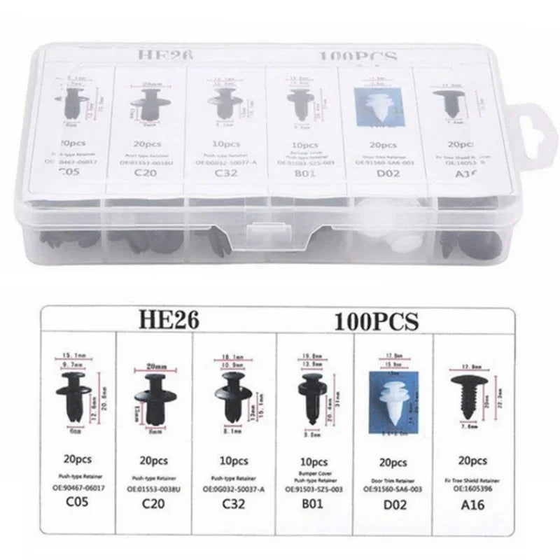 100-Pc Mixed Auto Plastic Fastener Clips – 6-Type Car Trim Kit