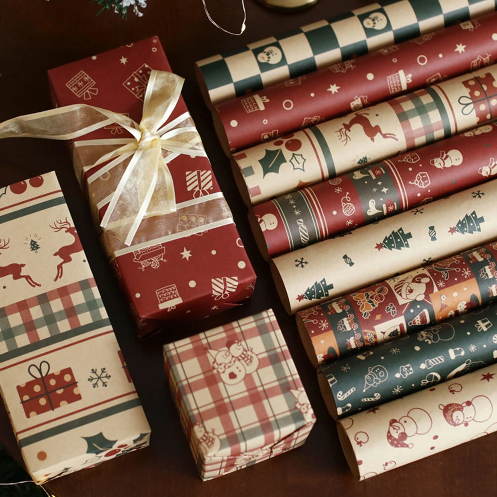 6-Sheet Christmas Kraft Wrapping Paper – Elk, Santa & Snowman