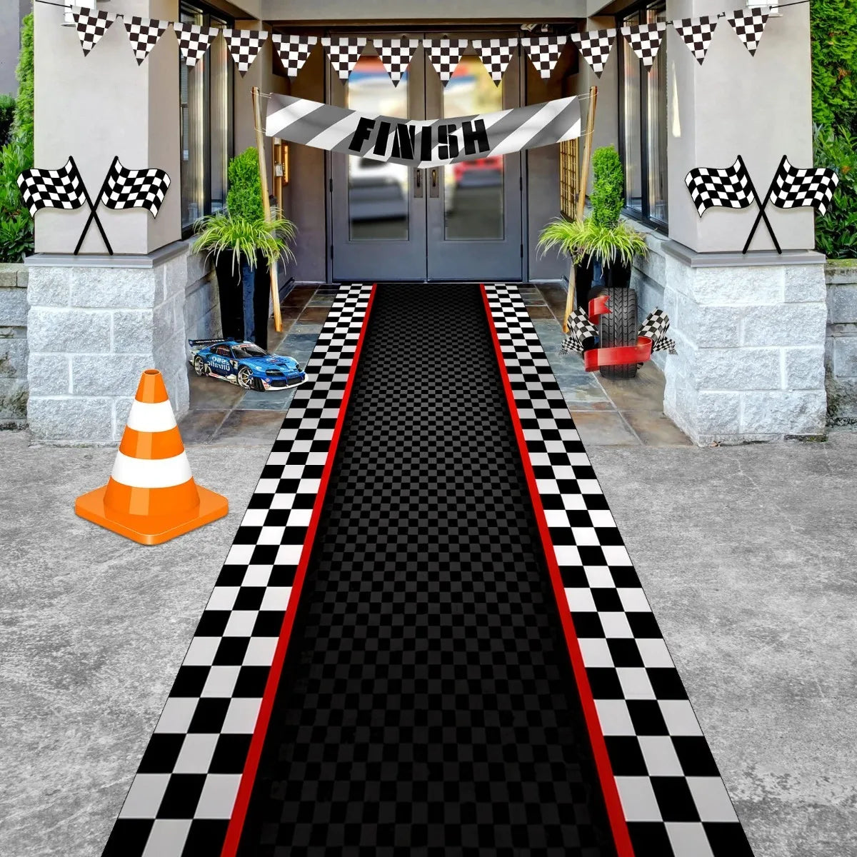 Race Car Checkered Runner Rug – Non-Slip Kids Floor Mat