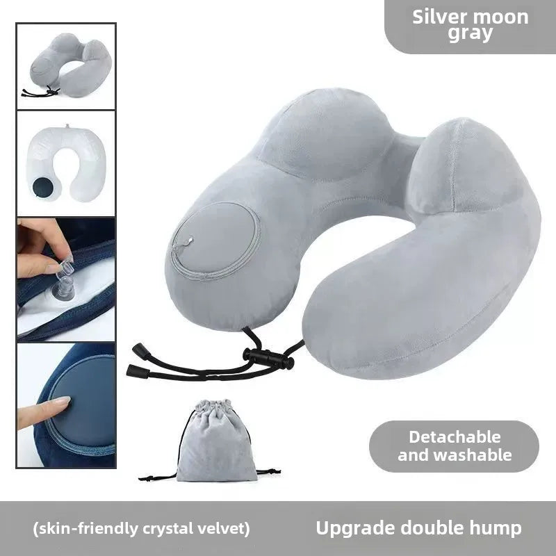 Inflatable U-Shape Travel Neck Pillow with Plush Cover & Bag