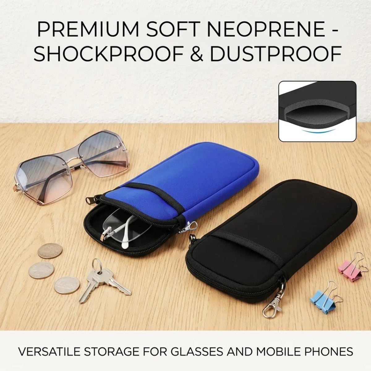 Dual Compartment Phone & Glasses Storage Bag with Carabiner
