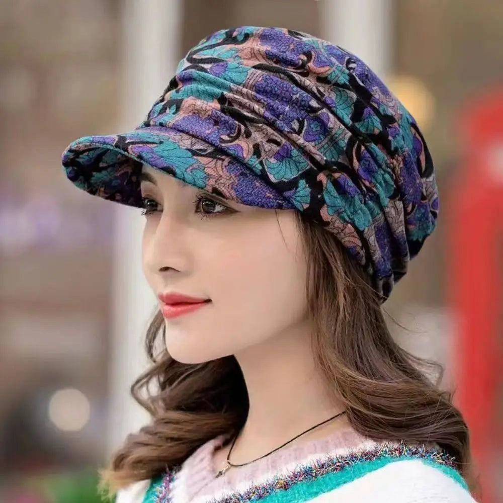 Women's Short Brim Floral Beanie Hat – Polyester Winter Cap