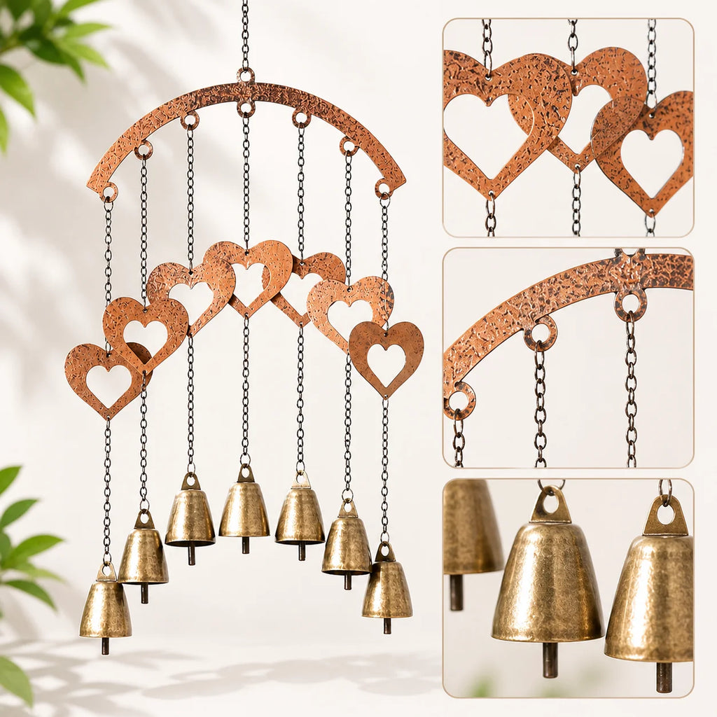 Rustic Heart Wind Chime with Brass Bells | Metal Garden Decor