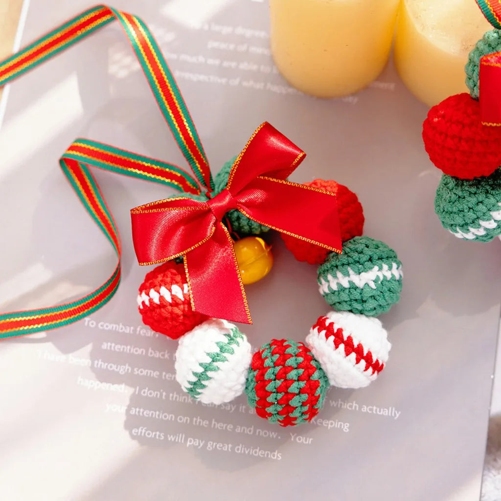 Handmade Crochet Christmas Pom Pom Wreath Keychain Ornament