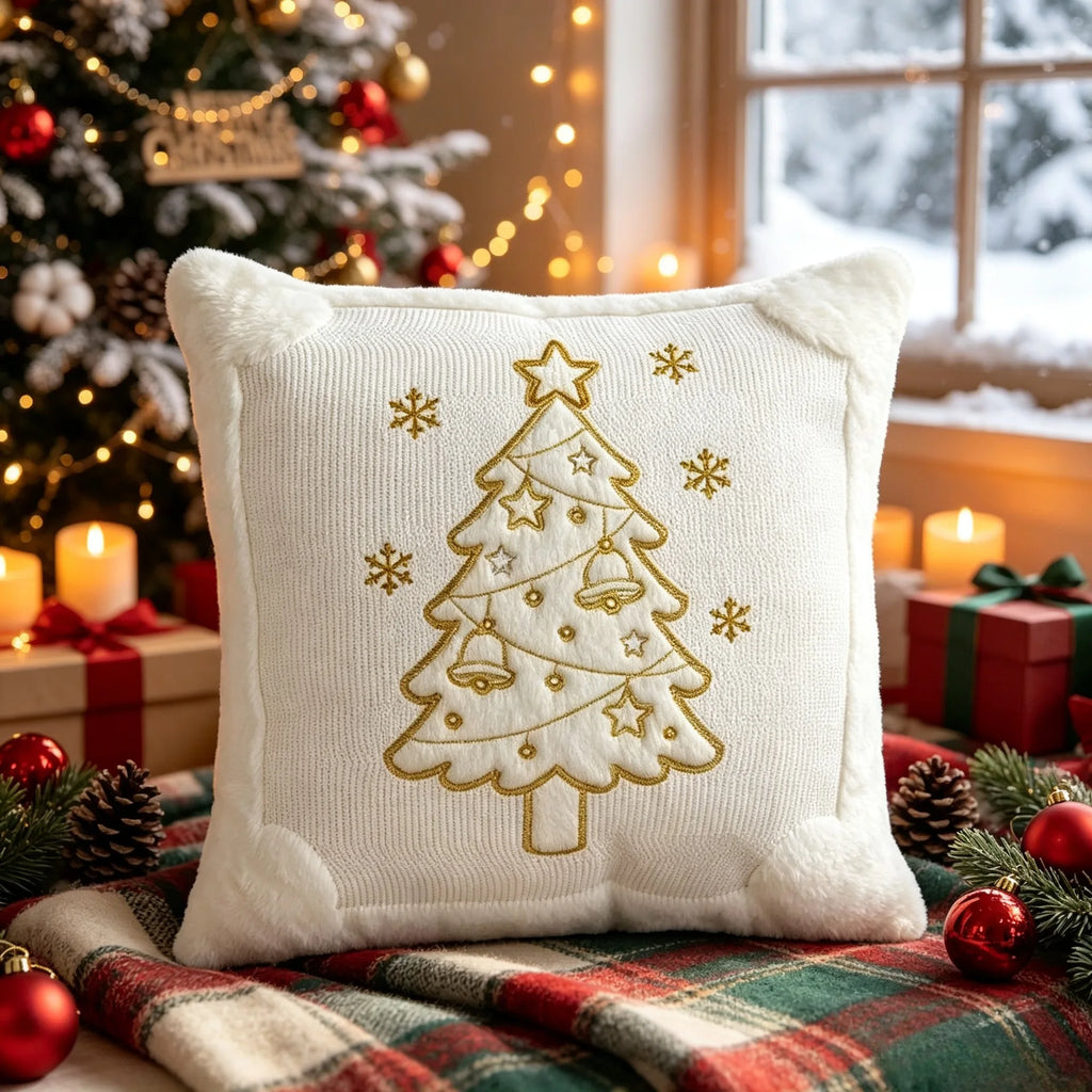 Christmas Corduroy Cushion Cover Gold Embroidery Xmas Tree