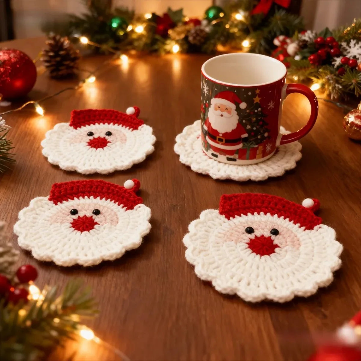 Santa Claus Crochet Coasters – Festive Christmas Table Set