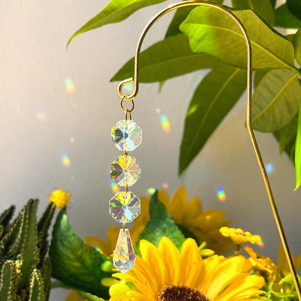 Crystal Suncatcher Plant Stakes with Gold Hooks & Prisms – 2 Pack