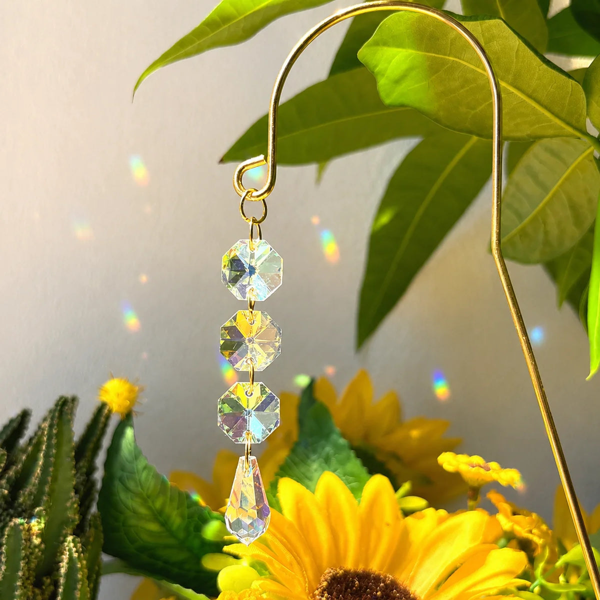 Crystal Suncatcher Plant Stakes with Gold Hooks & Prisms – 2 Pack