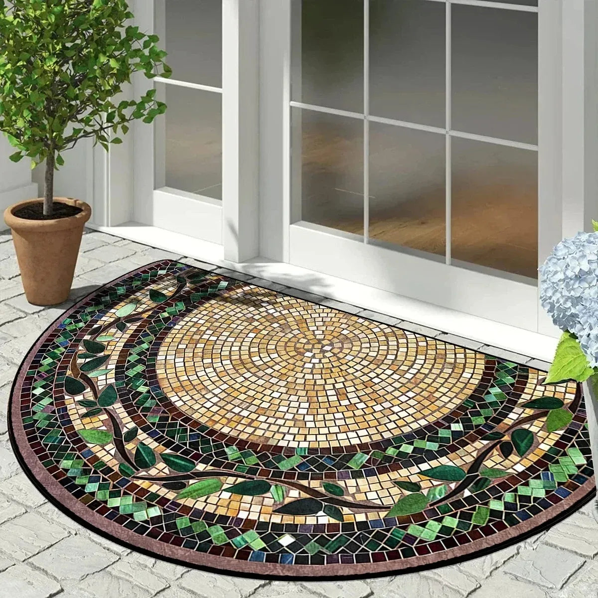 Vintage Mosaic Half Round Doormat – Non-Slip Entry Rug