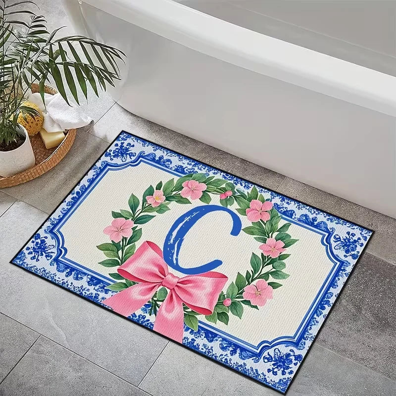 Personalized Pink Bow Floral Welcome Doormat – Anti-Slip Mat