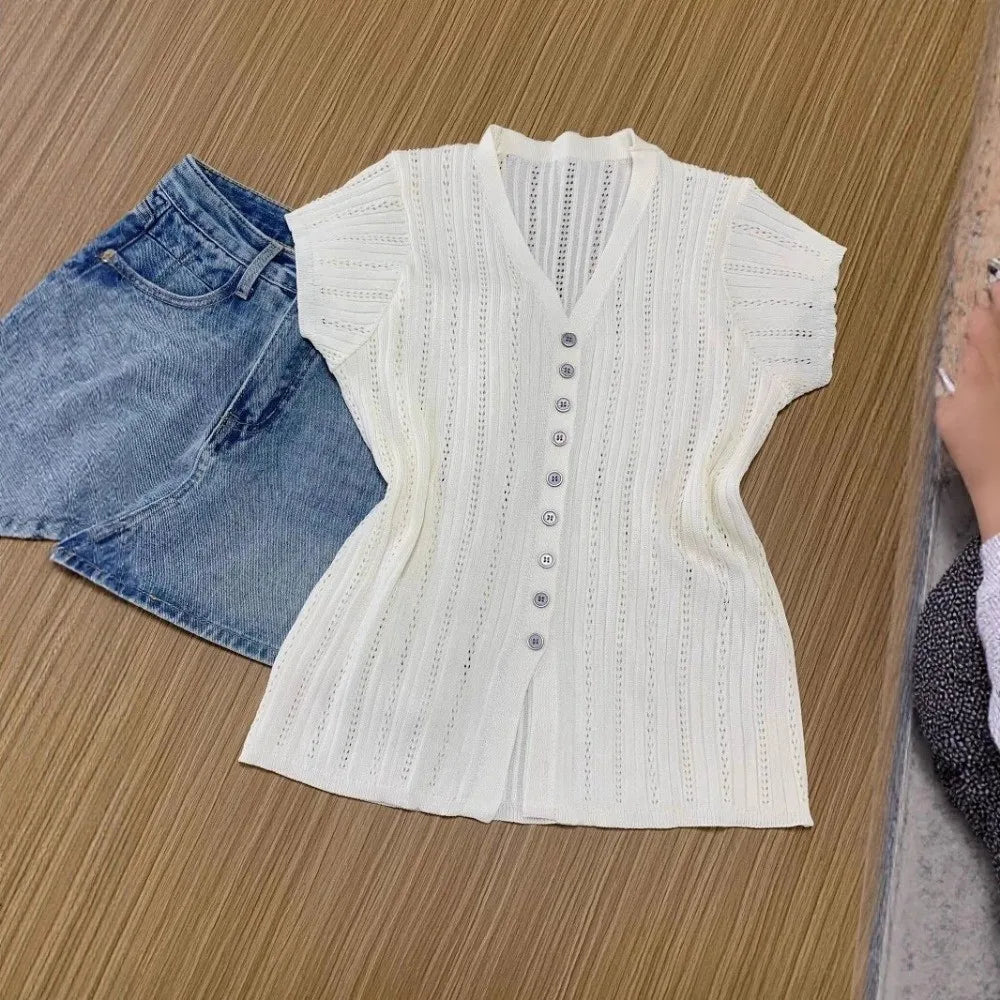 Women's Ice Silk V-Neck Hollow Knit Cardigan Short Sleeve Top