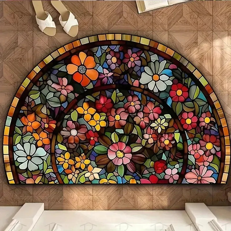 Vintage Mosaic Floral Half Round Doormat | Anti-Slip Welcome Mat