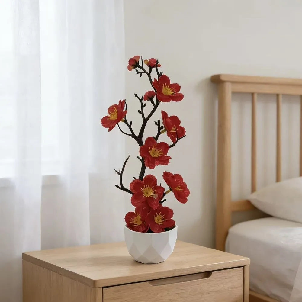 Red Artificial Plum Blossom Bonsai – Fake Wintersweet Potted Plant