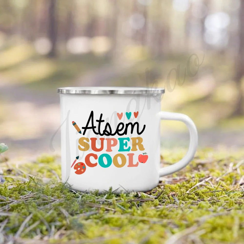 Teacher Gift Enamel Coffee Mug – Vintage Cartoon Print