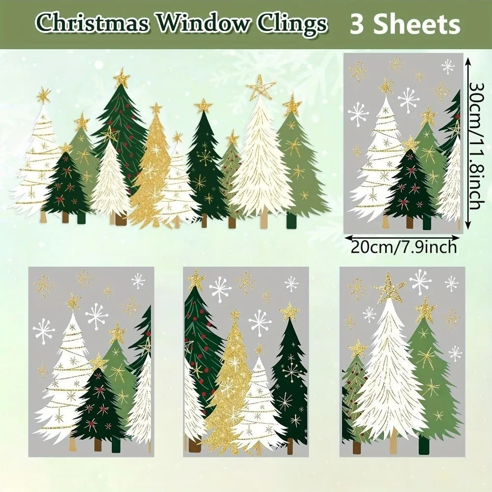 Christmas Tree Window Clings 3-Sheet PVC Snowflake Decals