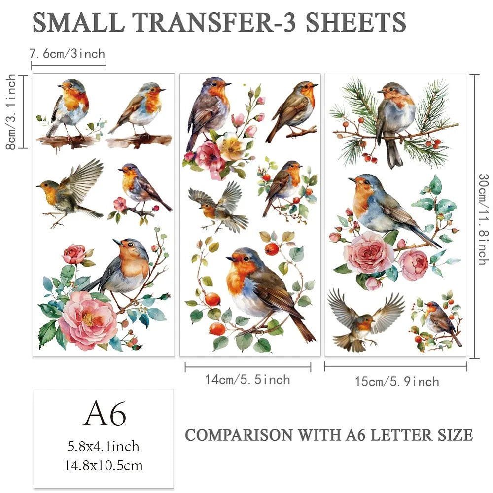 Bird Rub-On Transfers for Furniture & Crafts – 3-Sheet Robin Set