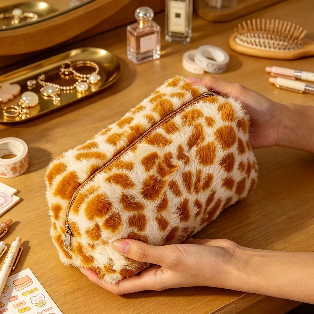 Large Capacity Plush Leopard Pencil Case & Cosmetic Pouch