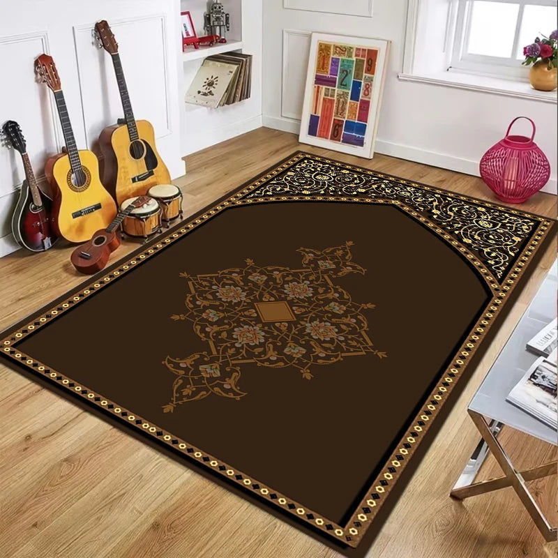 Islamic Prayer Mat – Black Gold Floral Non-Slip Worship Rug