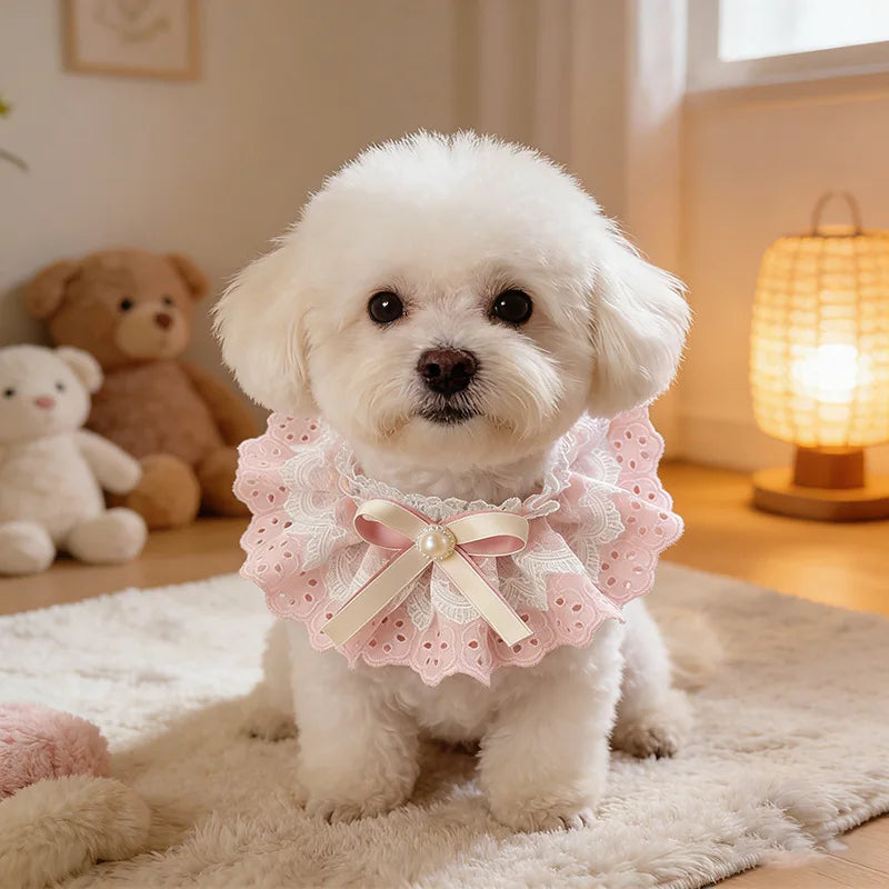 Lolita Style Pet Bib – Lace & Pearl Collar for Cats & Dogs