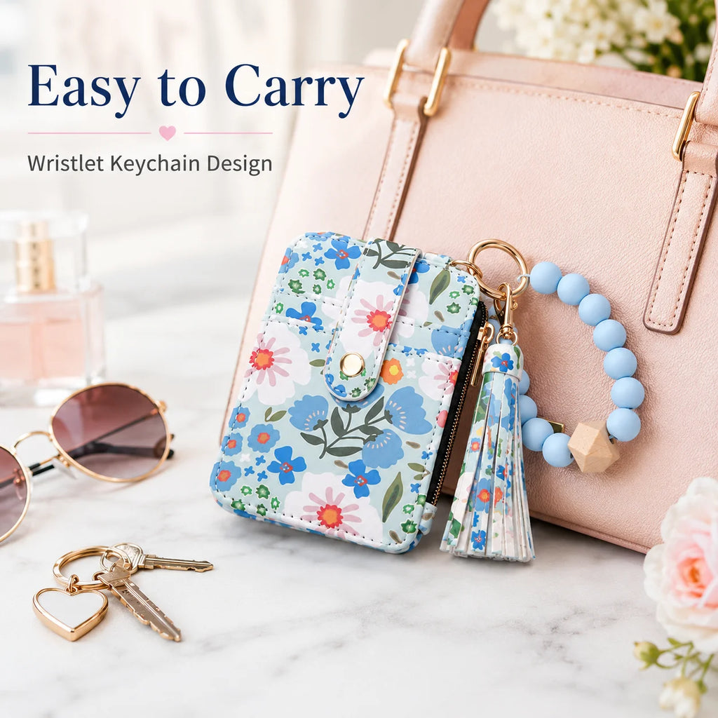 Floral PU Leather ID Card Wallet & Beaded Wristlet for Women