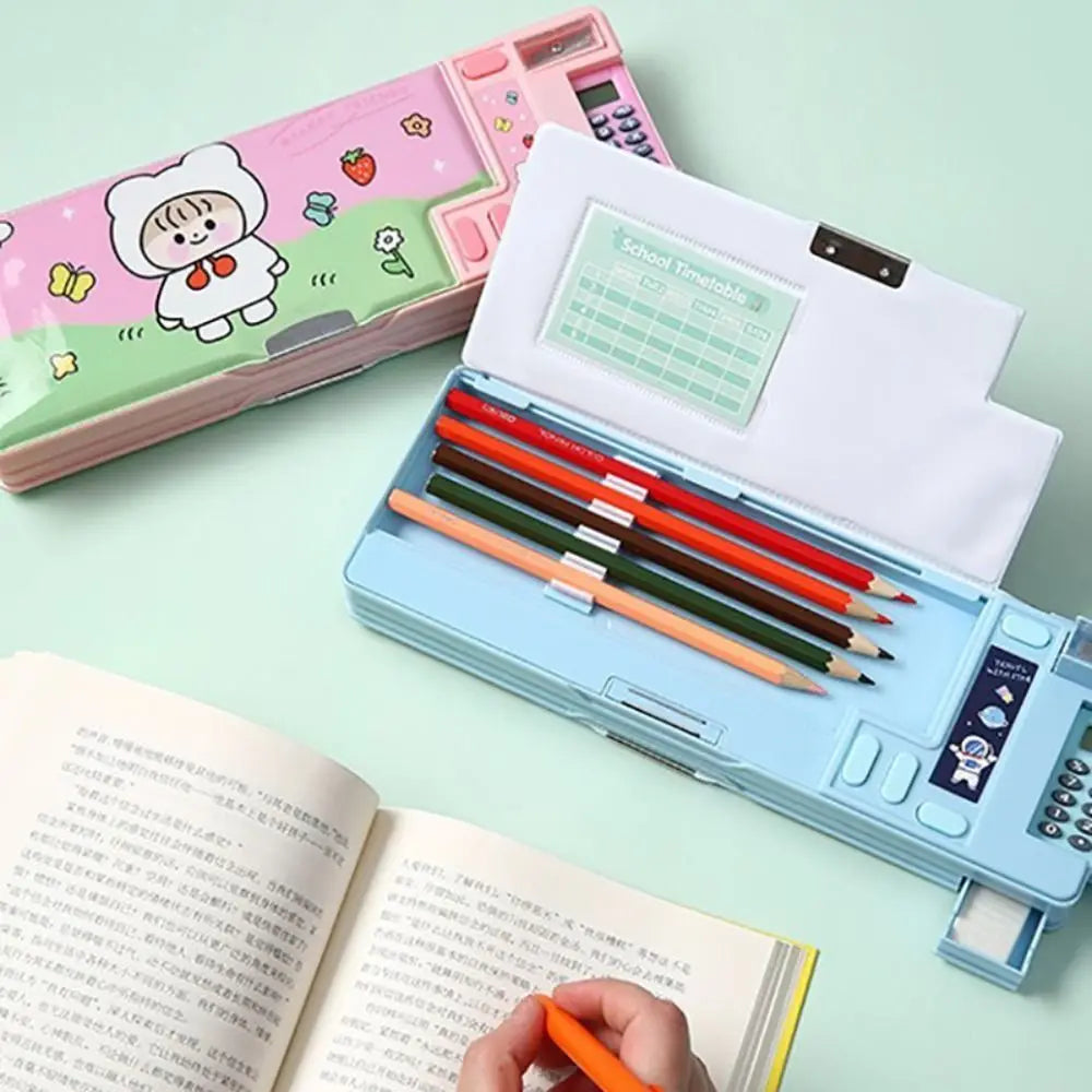 Double Layer Pencil Case with Calculator & Sharpener – Kids