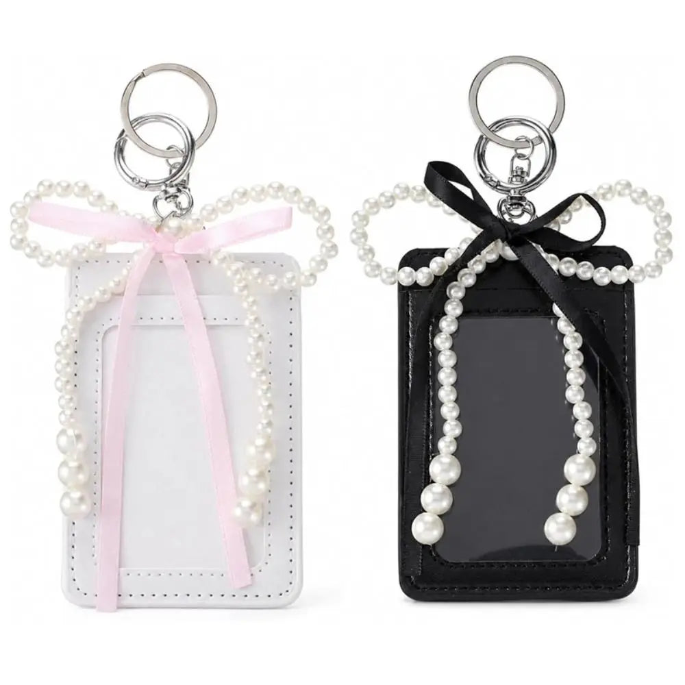 Cute Pearl Bow Photocard Holder Keychain | PU Leather
