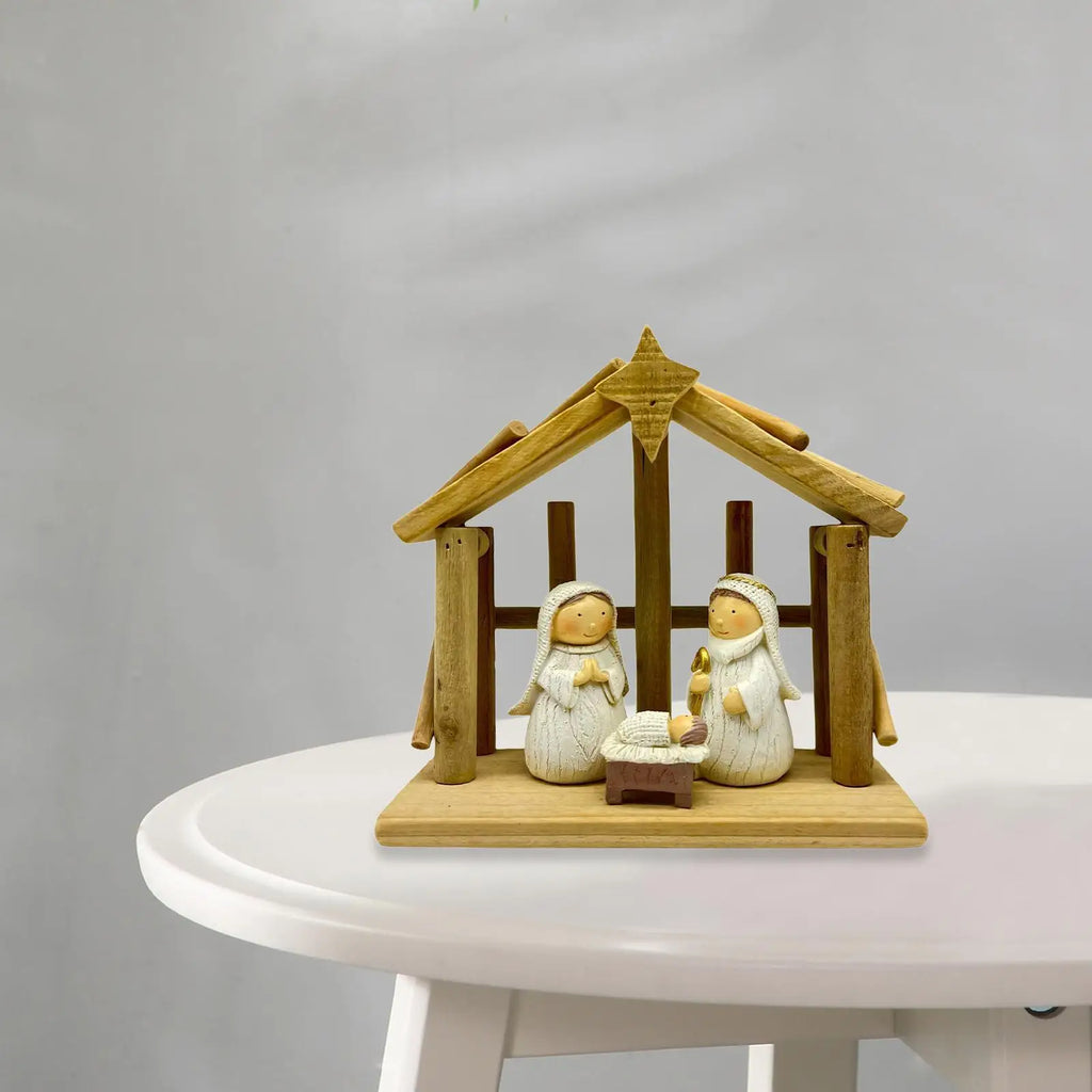 Nativity Scene Figurine – Wood Resin Christmas Manger Statue