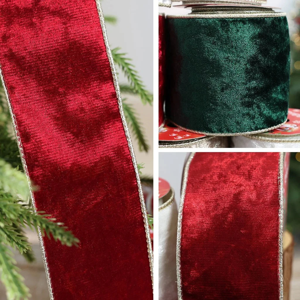 Gold Trim Wired Velvet Ribbon for Christmas Wreaths & Gifts